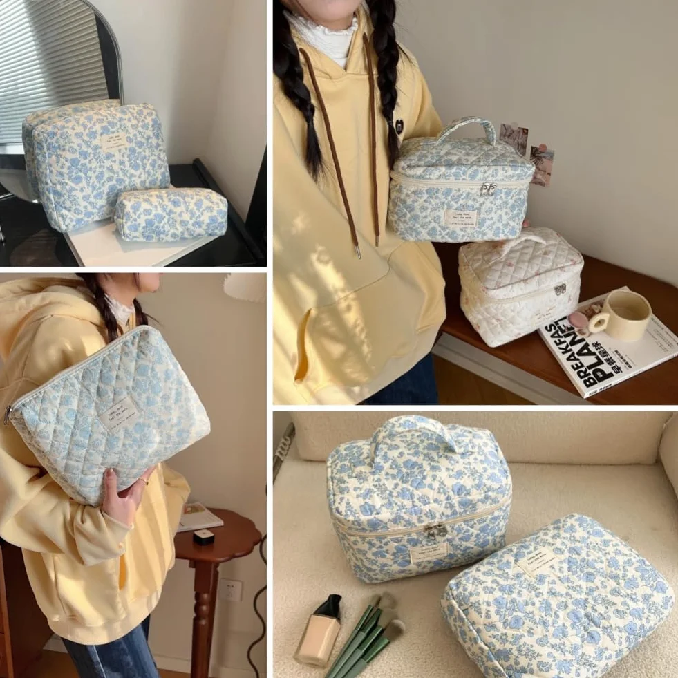 Aucuu 3PC Bolsa De Maquillaje De Algodón Floral - Grande Bolsa Cosméticos Acolchada para Viaje y Almacenamiento