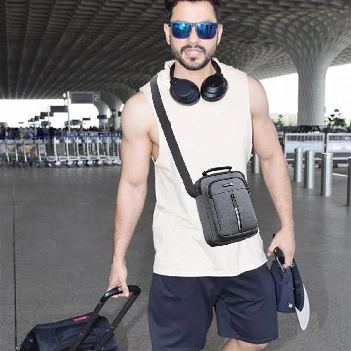 ANPTER Bandoleras Bolso Pequeño Mariconeras Crossbody Unisex Shoulder Bag con Banda Reflectante de Seguridad para Hombres y Mujeres, Deportes, Trabajo, Casual, Viajes(Gris