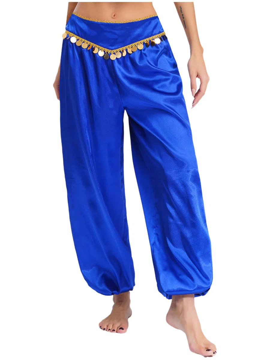 MSemis Pantalones Largos de Bombachos para Danza del Vientre Disfraz Mujer Pantalones Satén Detalles con Monedas Brillantes en Cinturón para Fiesta Actuación S-XXL