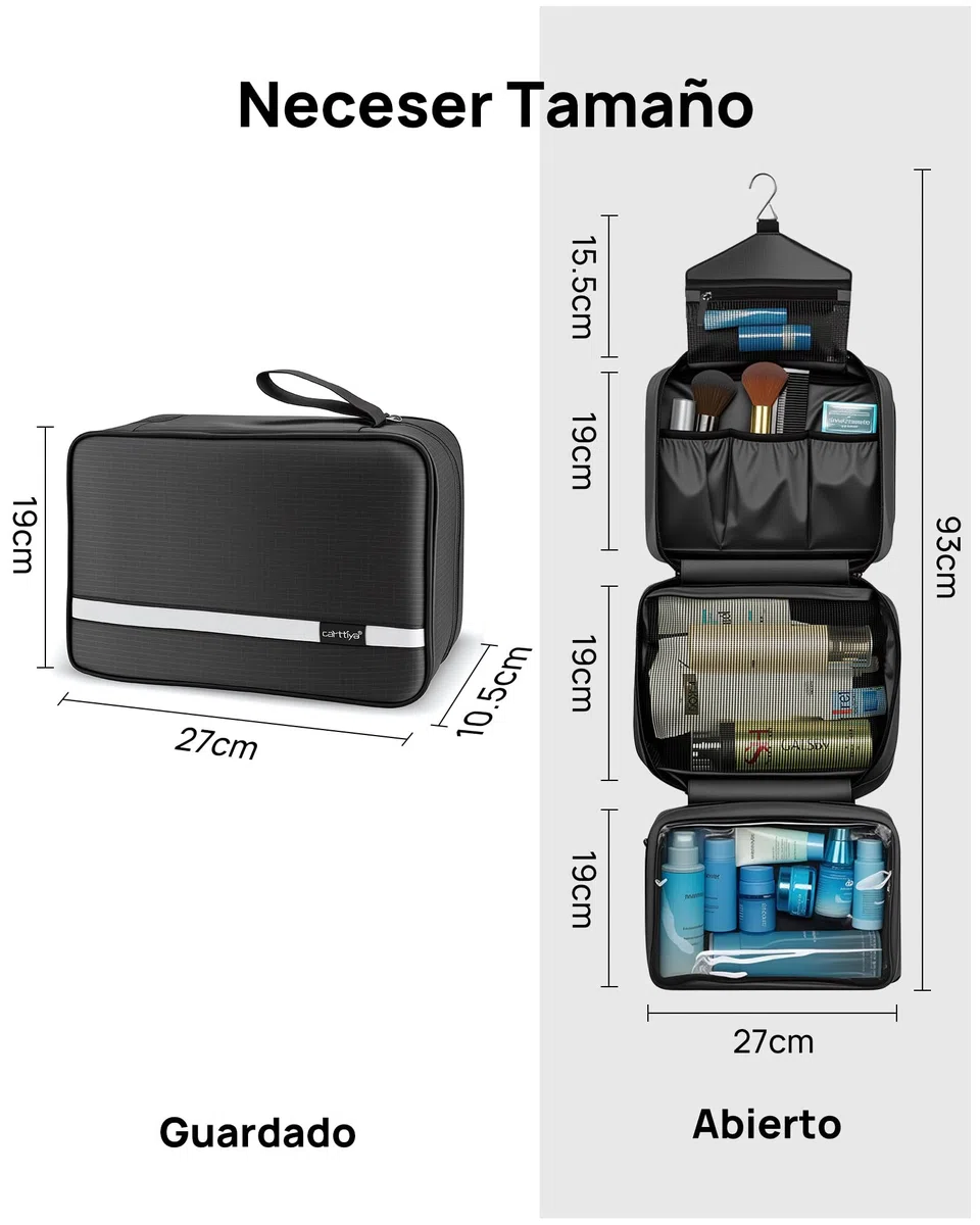 Neceser Grande para Hombre y Mujer, Impermeable Neceser de Viaje, Bolsa de Aseo Colgante (Negro)