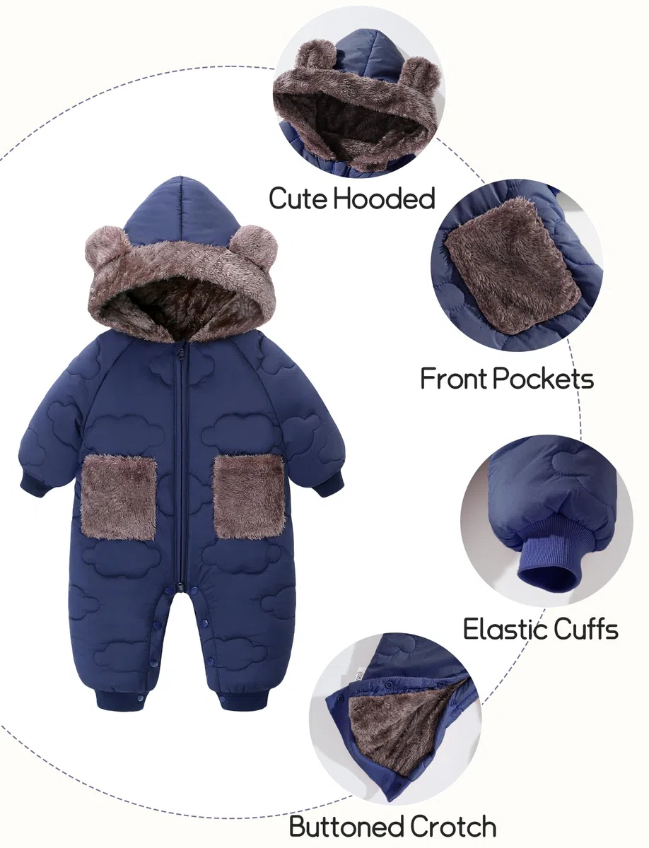 FEOYA Traje de nieve para bebé de forro polar con capucha, traje de esquí para niños, traje de invierno para niña, traje de esquí grueso, traje impermeable cálido de plumón, acolchado para exteriores