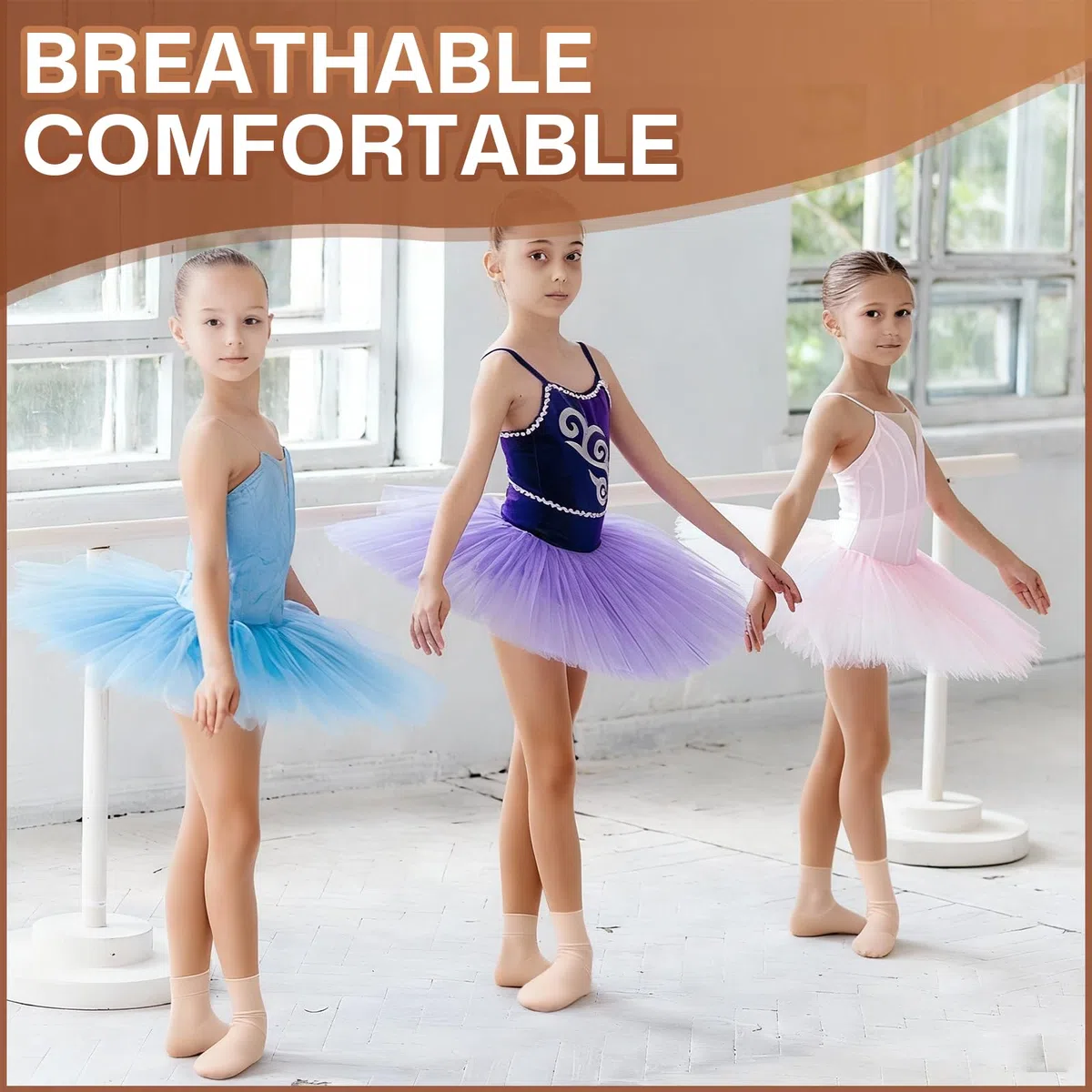 SPATUAMZ 3 pares de calcetines de ballet para niñas, sin costuras, suaves, transpirables, elásticos, para niños, para pies de 15,5 a 17 cm, jazz, yoga, gimnasia