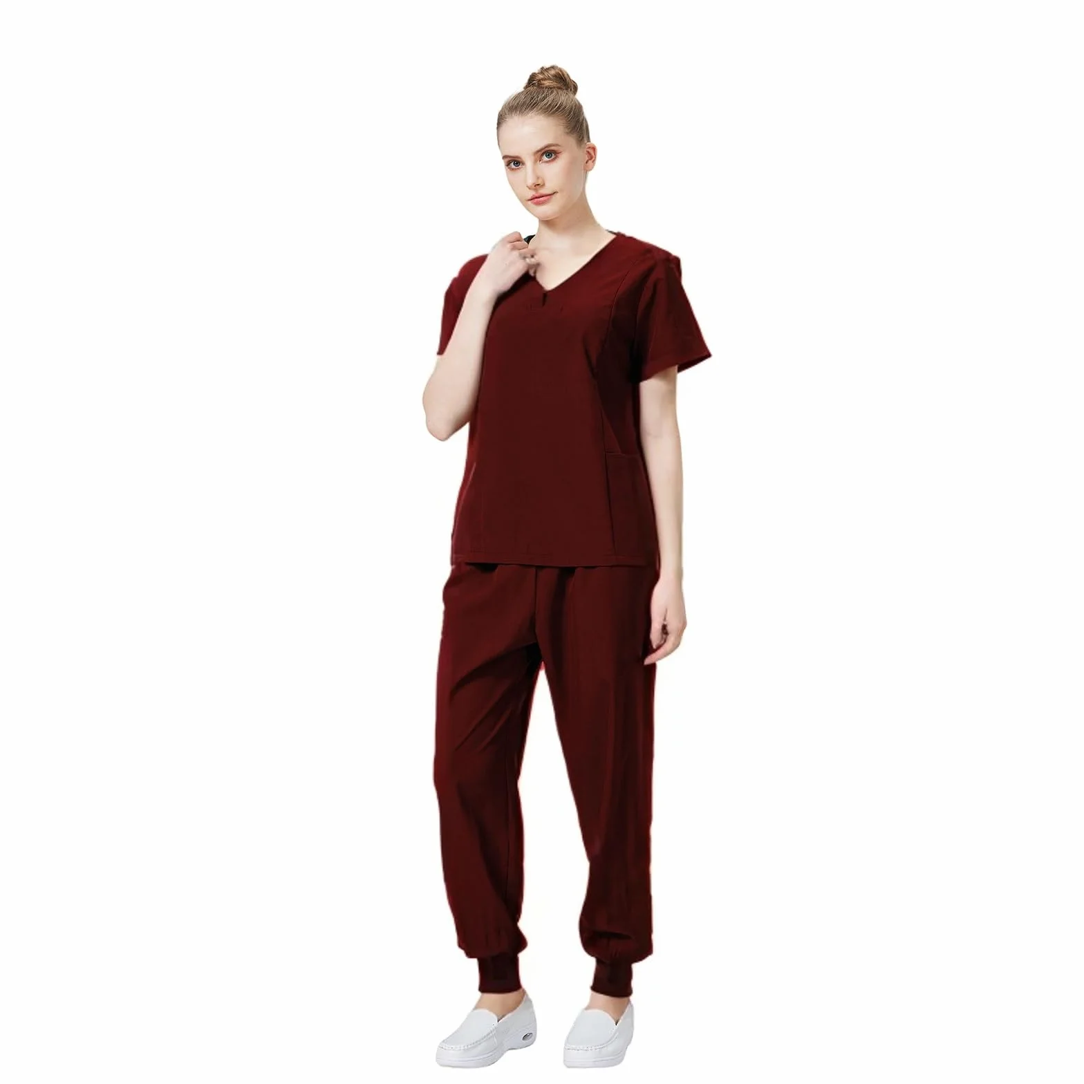 Médico Uniforme Conjunto de manga corta con cuello en V Top con pantalones cónicos Elástico Sudor Absorbente Suave Lavado a mano Estética Médica DK06