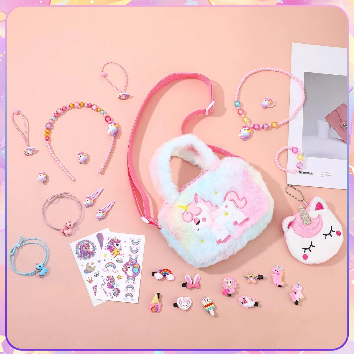 Set de 26 piezas de joyería de unicornio para niñas, joyería para niños, bolsos, collares, pulseras, anillos, pendientes, horquillas, regalos de unicornio para niñas de 3, 4, 5, 6 años