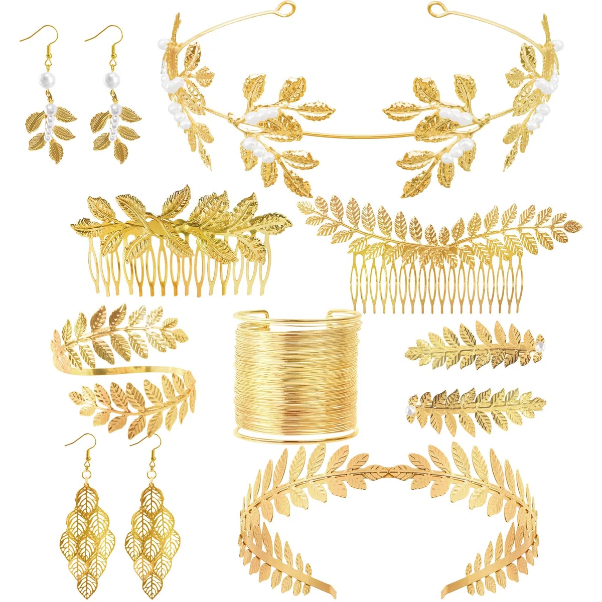 10 Accesorios Diosa Griega,Juego de Joyas Perla Conjunto Bisuteria Mujer Accesorios Romano Corona de Hojas Juego de Joyas para Mujer Oro Greek Goddess Bisuteria Joyería para Fiesta