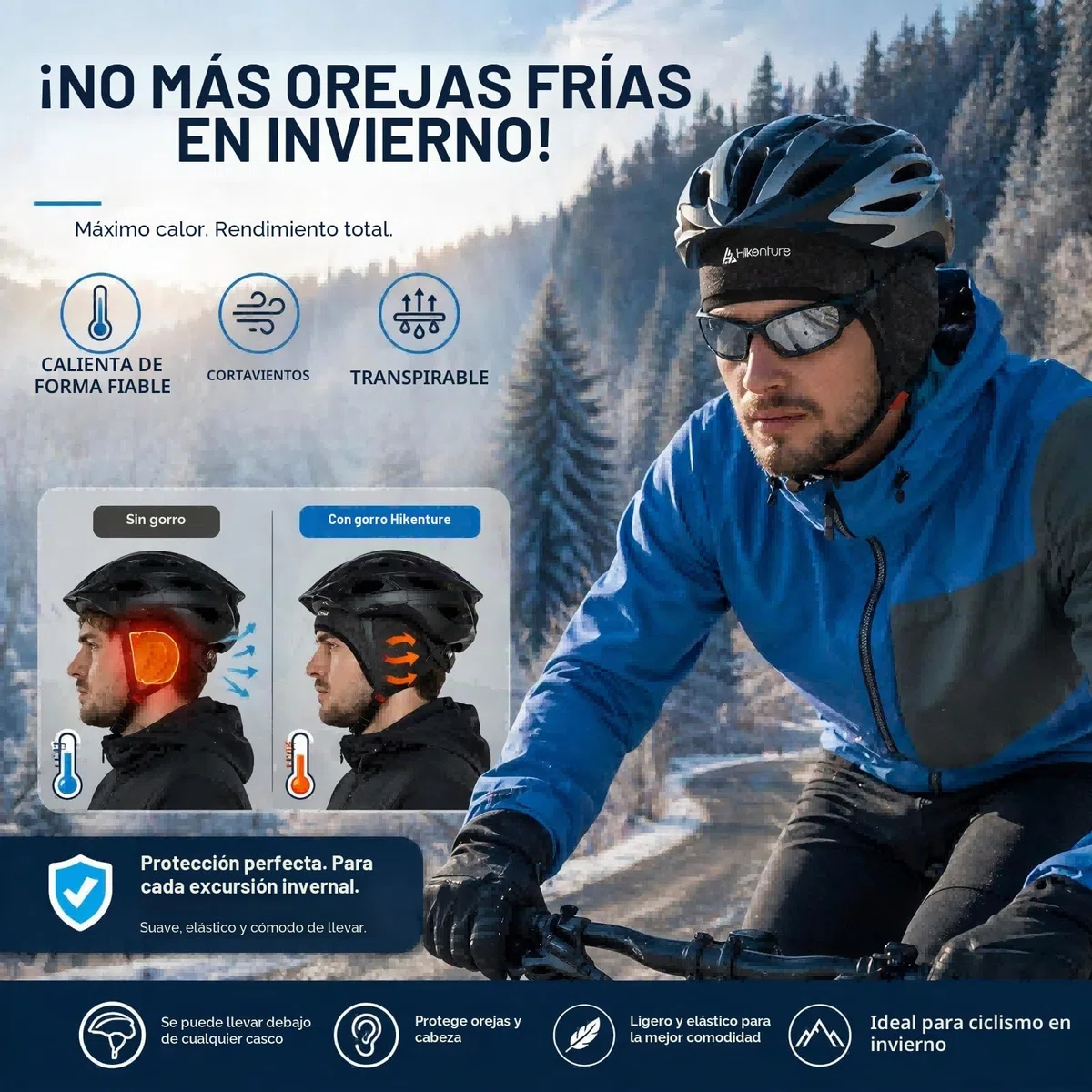HIKENTURE Gorro de Invierno Resistente al Viento para Bicicleta | Interior para Casco de Bicicleta y Esquí | Hombre/Mujer