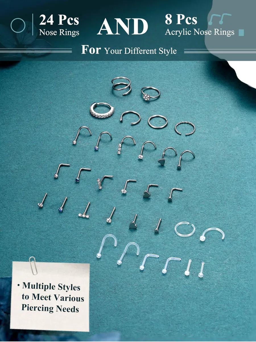 Diamday 32 Piezas Piercing Nariz Mujer Hombre Acero Quirúrgico Hipoalergénico Clavo Nasal Transparente de Acrílico Forma L Recta y Espiral Piercing Nostril Hélice Trago Joyería Corporal 18G 20G