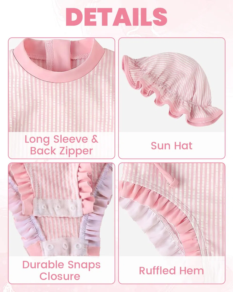DivingBirds Bañador de manga larga para niña, traje de baño de una pieza con capucha, material elástico, diseño colorido para 3-24 meses