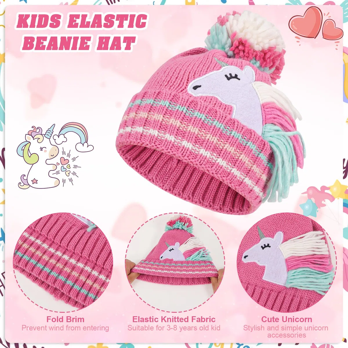 QKURT Conjunto de gorro y bufanda de invierno para niños, suave y cómodo gorro de punto, calentador de cuello, gorro de bola esponjoso, forro polar suave, manoplas para niños de 3 a 8 años
