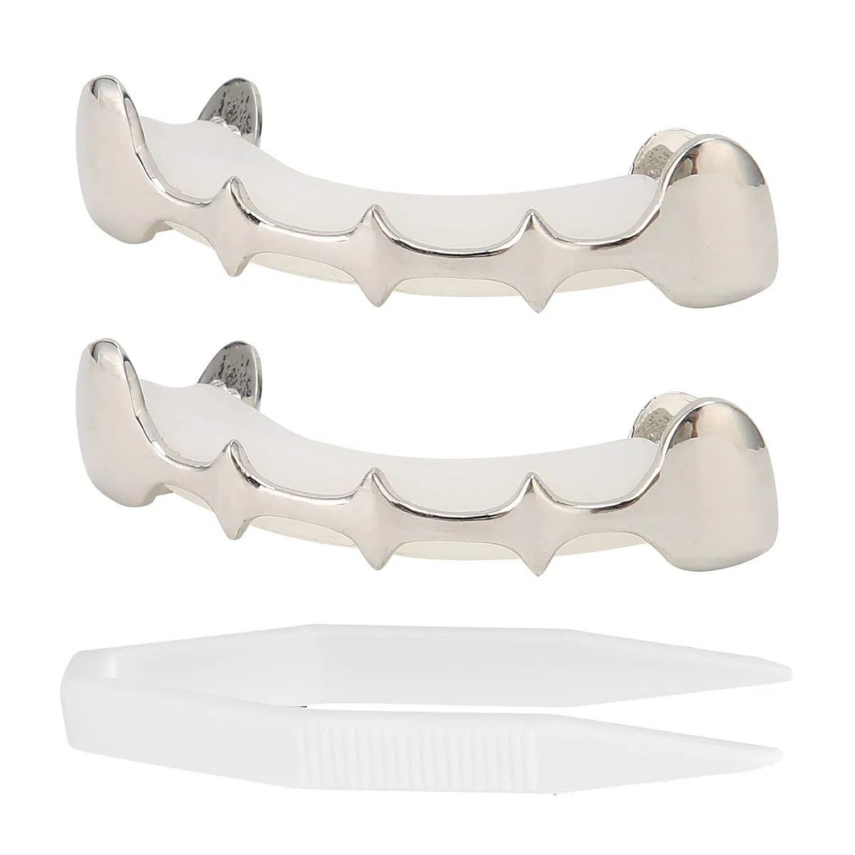 Parrillas de dientes chapadas en oro de 18 quilates Grillz, conjunto de dientes falsos de Hip Hop irregulares, accesorio de decoración de dientes de Hip Hop para festival de Halloween(Plata)