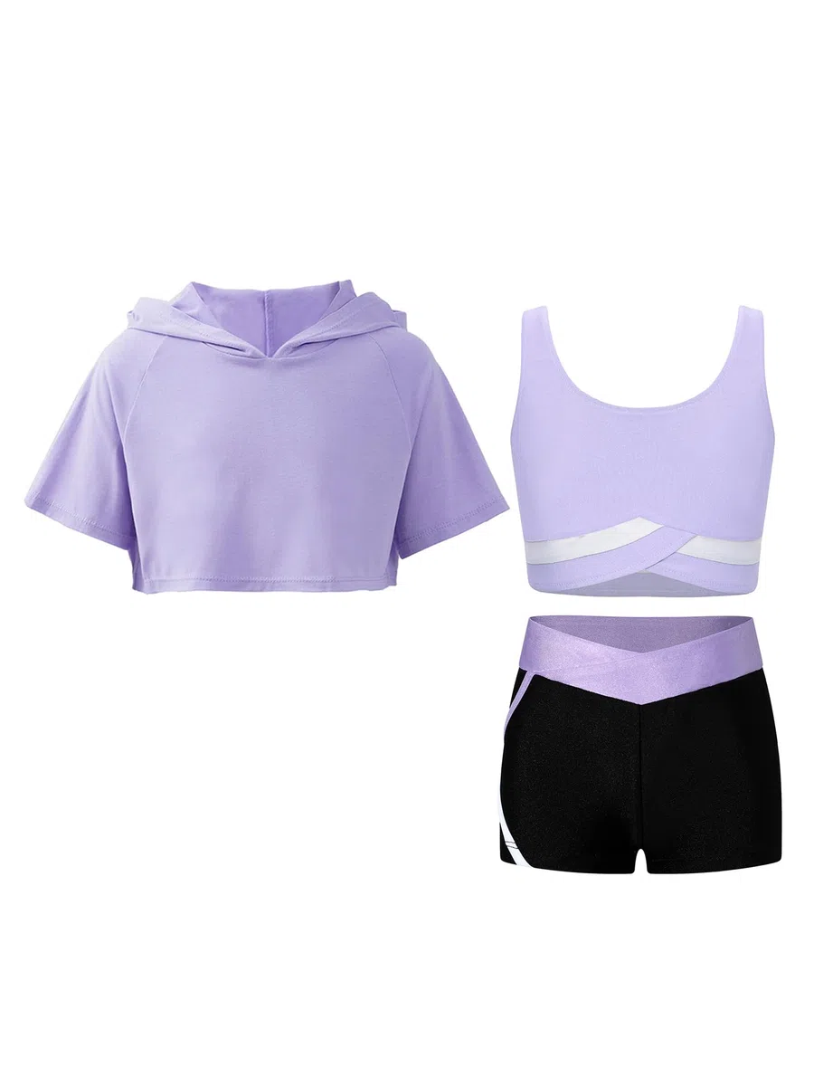 Oyolan Ropa Deportiva Niñas Conjuntos de Yoga Fitness Danza Crop Top Corto + Shorts Pants Corto Danza Niños Traje Ropa de Baile Ejercicio Conjuntos Deportivos
