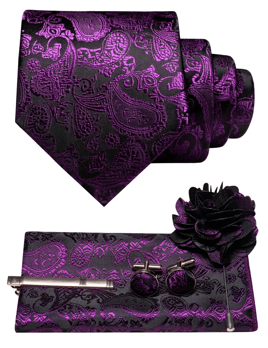 JEMYGINS Corbata de cachemira para hombre con pañuelo de bolsillo, clip de corbata, broche de flores y gemelos