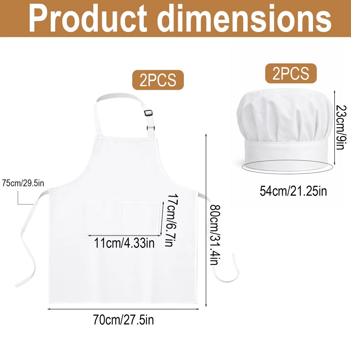 2 Gorros de Cocinero y 2 Delantales de Chef Adulto Unisex Color Blanco, Delantal de Trabajo Ajustable Impermeable con Doble Bolsillo, Set Completo para Cocina Profesional