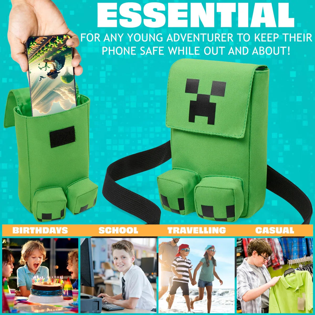 Minecraft Bolso Bandolera Niño y Adolescente con Correa Ajustable, Creeper Bolsos Movil Viajes, Deporte, Gamer Regalos