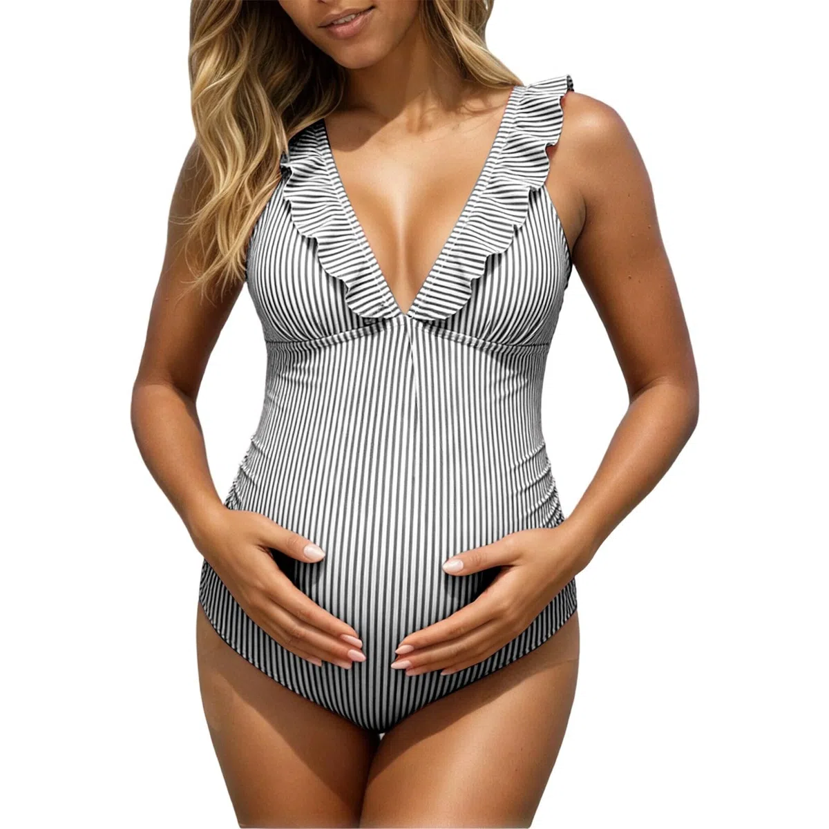 Traje de baño para mujer de dos piezas, sin mangas, borde ondulado, traje de baño premamá bikini de maternidad, traje de baño de maternidad, traje de baño ajustable