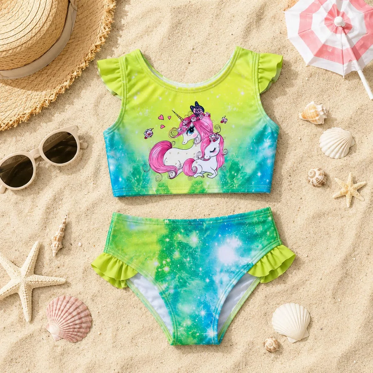 Traje de Baño para Niñas Conjunto de Bikini de Dos Piezas Unicornio, Sets Tankini de 3-14 Años