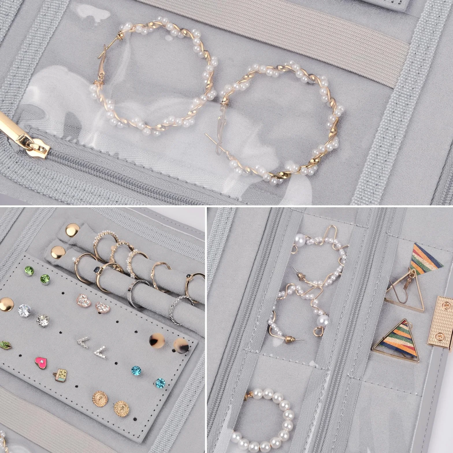 Catime Rollo de Organizador de Joyero Viaje, Bolsa de Almacenamiento Joyas de Cuero, Rollo de Joyería Plegable Portáti Gran Capacidad, Estuche para Joyas de Viaje Collares Pulseras Pendientes Anillos
