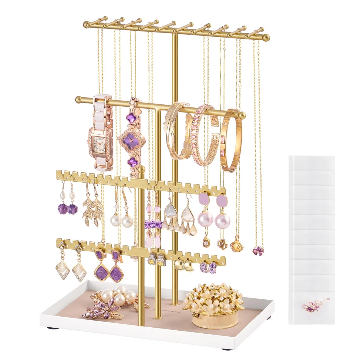 SONGMICS Portajoyas, Soporte para Joyas, Marco de Metal, Bandeja de Terciopelo, para Collares, Pulseras, Pendientes, Aretes y Anillos, Idea de Regalo, Dorado Claro JJS036AB01