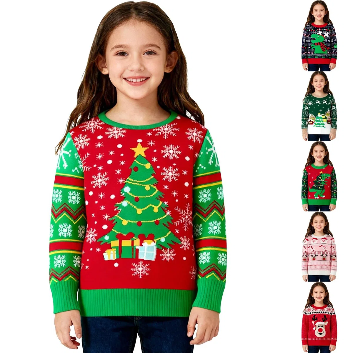 Suéter de Navidad para niños y niñas, diseño de Papá Noel, árbol de Navidad, dinosaurio, cuello redondo, suéter de punto para niños pequeños, manga larga, para fiestas de Navidad, casual, moderno
