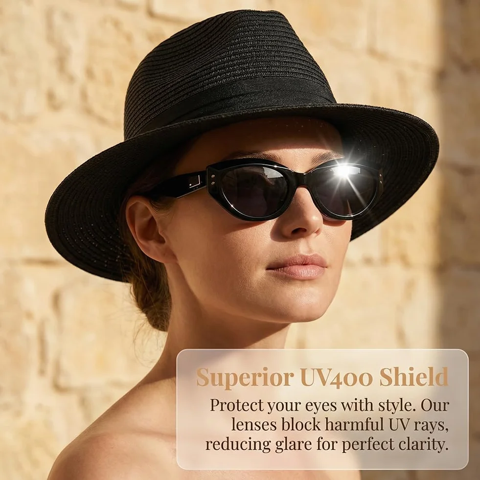 Set Sombrero Panama de Paja de ala Ancha y Gafas de Sol para Mujer, Sombrero de Playa Plegable, Gafas de Sol UV400 Retro para Viaje, Verano y Exterior, Negro