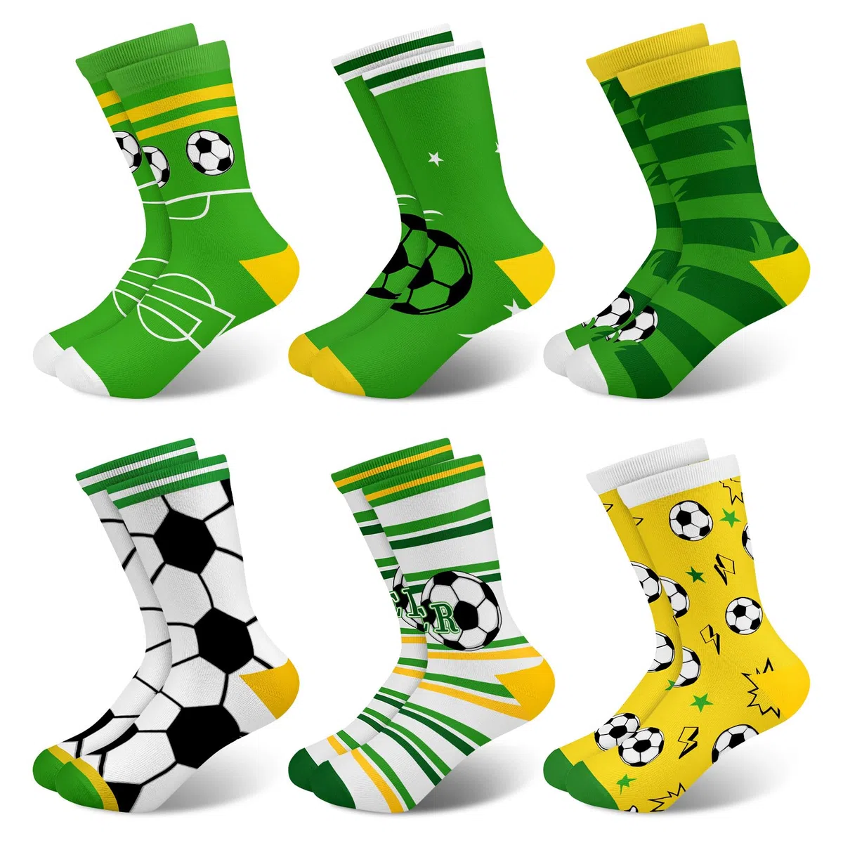6 Pares Calcetines Niños Infantiles Fútbol Verdes con Rayas Calcetín Crew Tobillero Suaves y Transpirables Regalos 3-14 años Tamaño 25-38