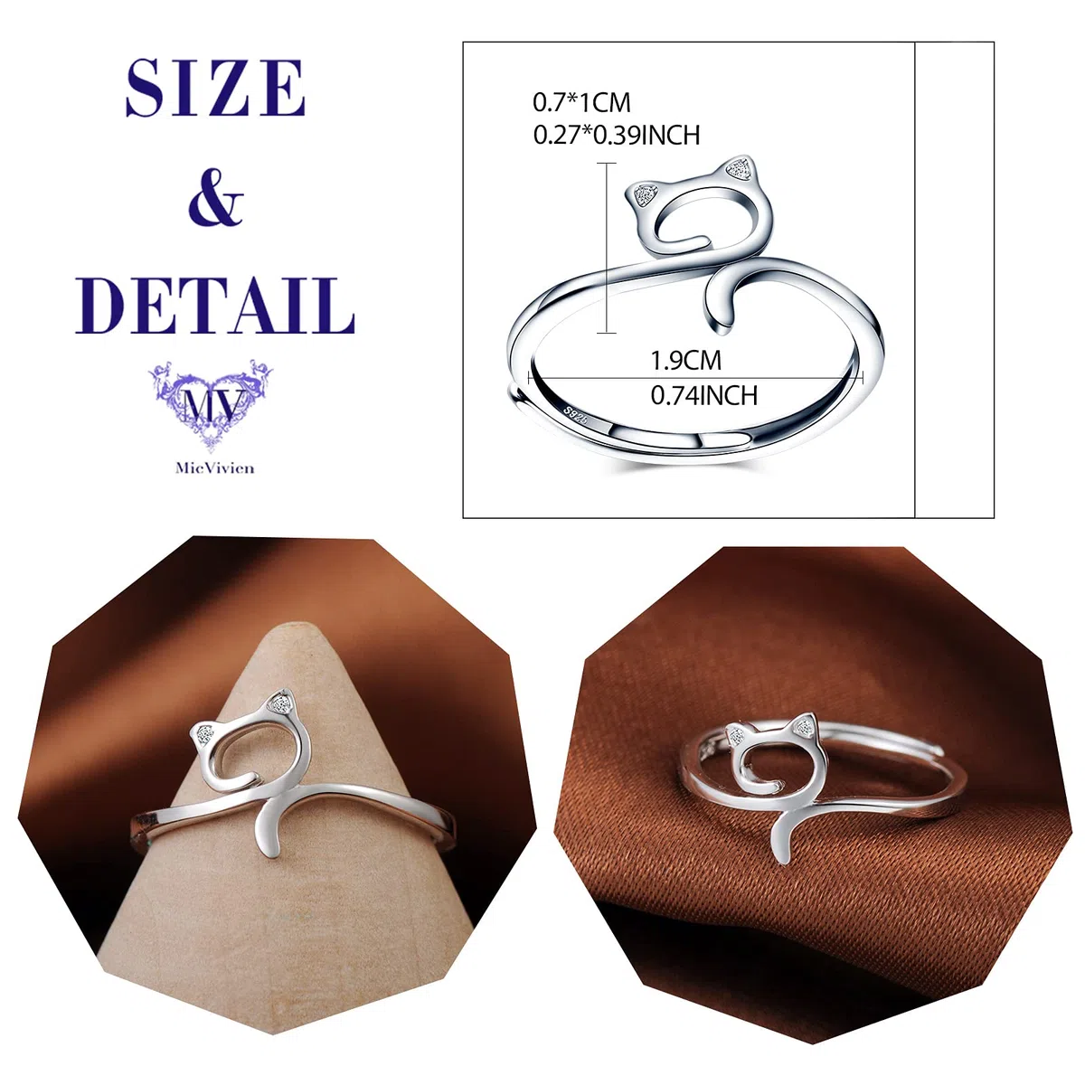 Anillo de mujer de plata 925 – Anillo en Forma de Gato Ajustable Anillo Gatito para Mujeres Chica Niña