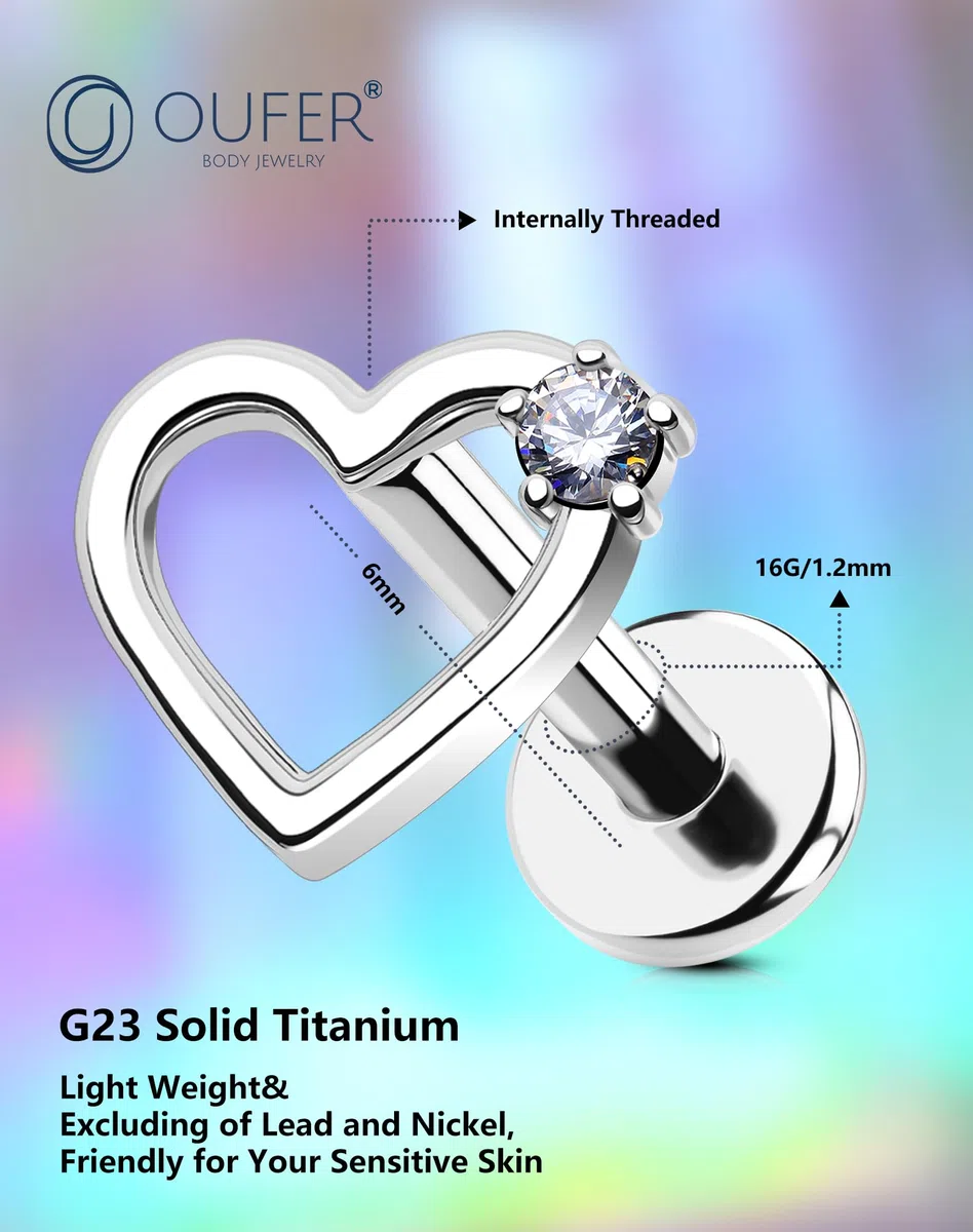 OUFER 16G Corazón cartílago oreja titanio G23 Helix Ring rosca interior Conch Earring 6 mm claro/azul/rosa/verde CZ Body piercing para mujer Labret Piercing