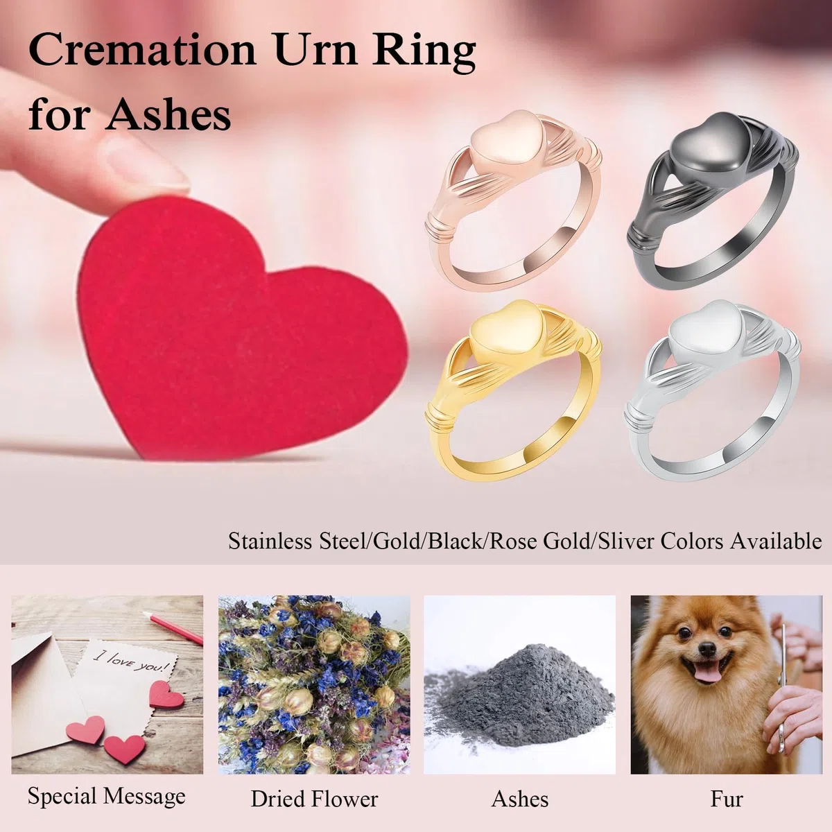 Anillo de urna de cremación para cenizas para mujer, acero inoxidable, anillo de dedo de corazón, impermeable, conmemorativo, anillo de cremación, sostiene cenizas de seres queridos