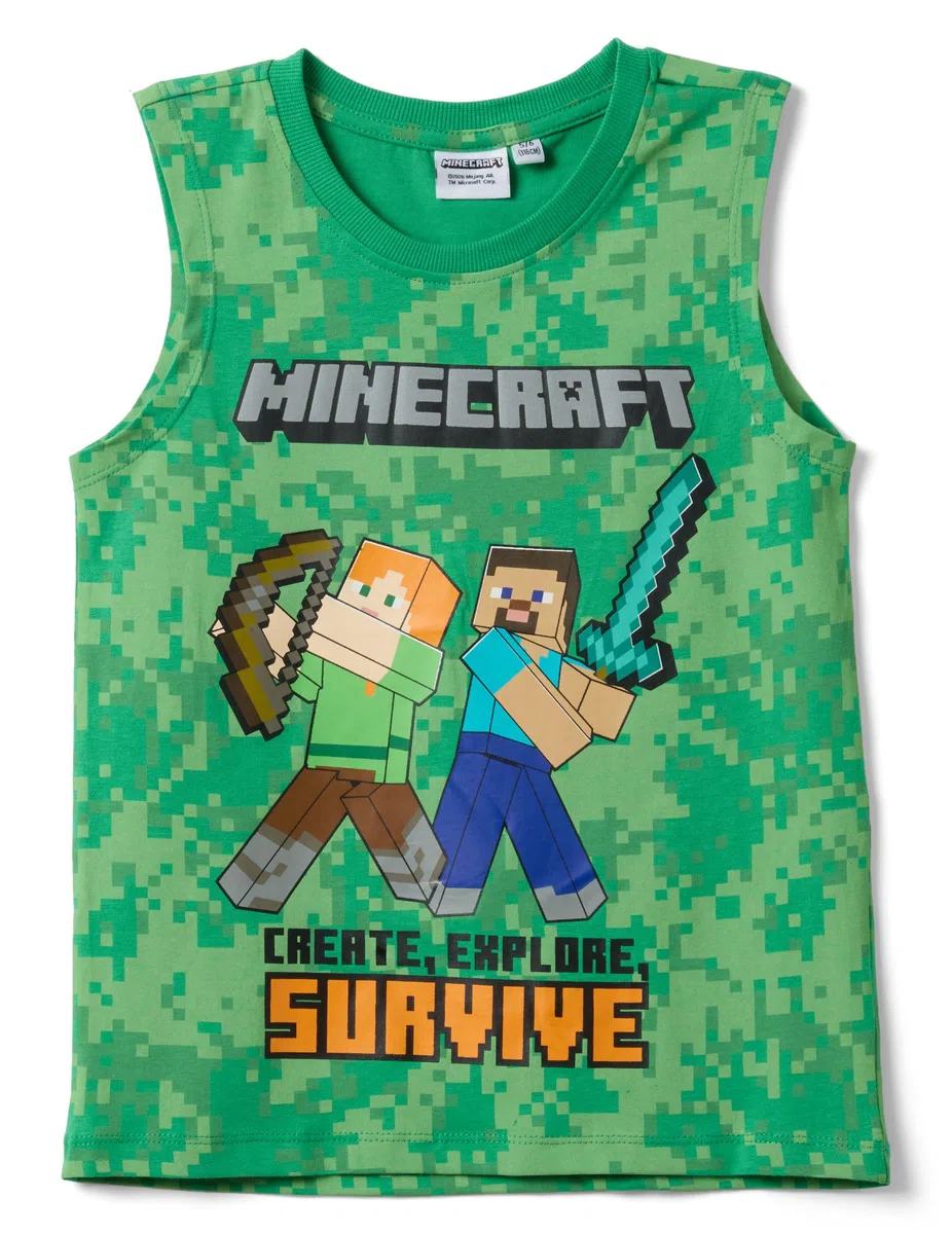 OVS Kids Camiseta de Tirantes Verde de algodón Puro para niño con Estampados de Minecraft