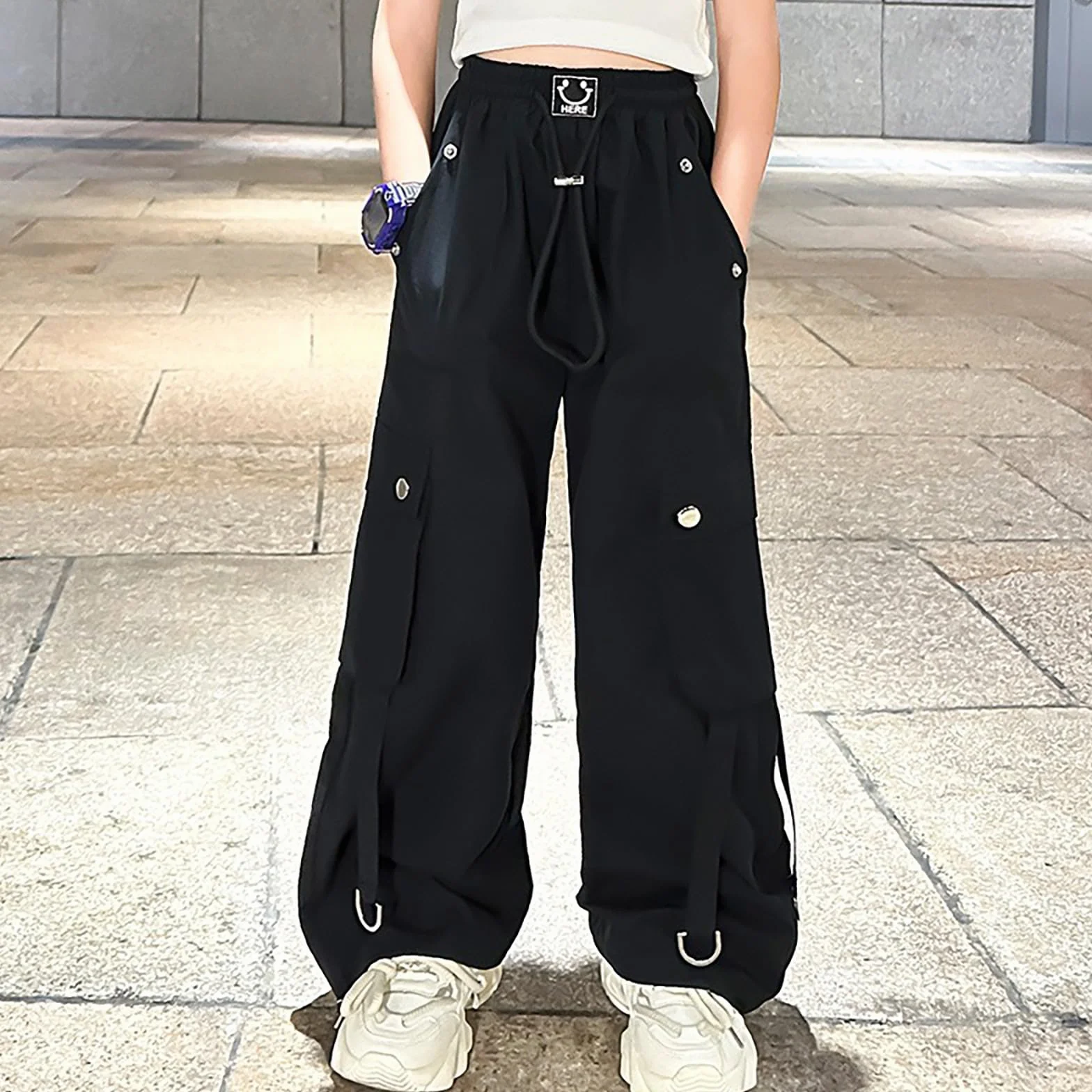 Generisch Pantalones cargo para niña de cintura alta, pierna ancha, pantalones de chándal para bailar casual y actividades al aire libre