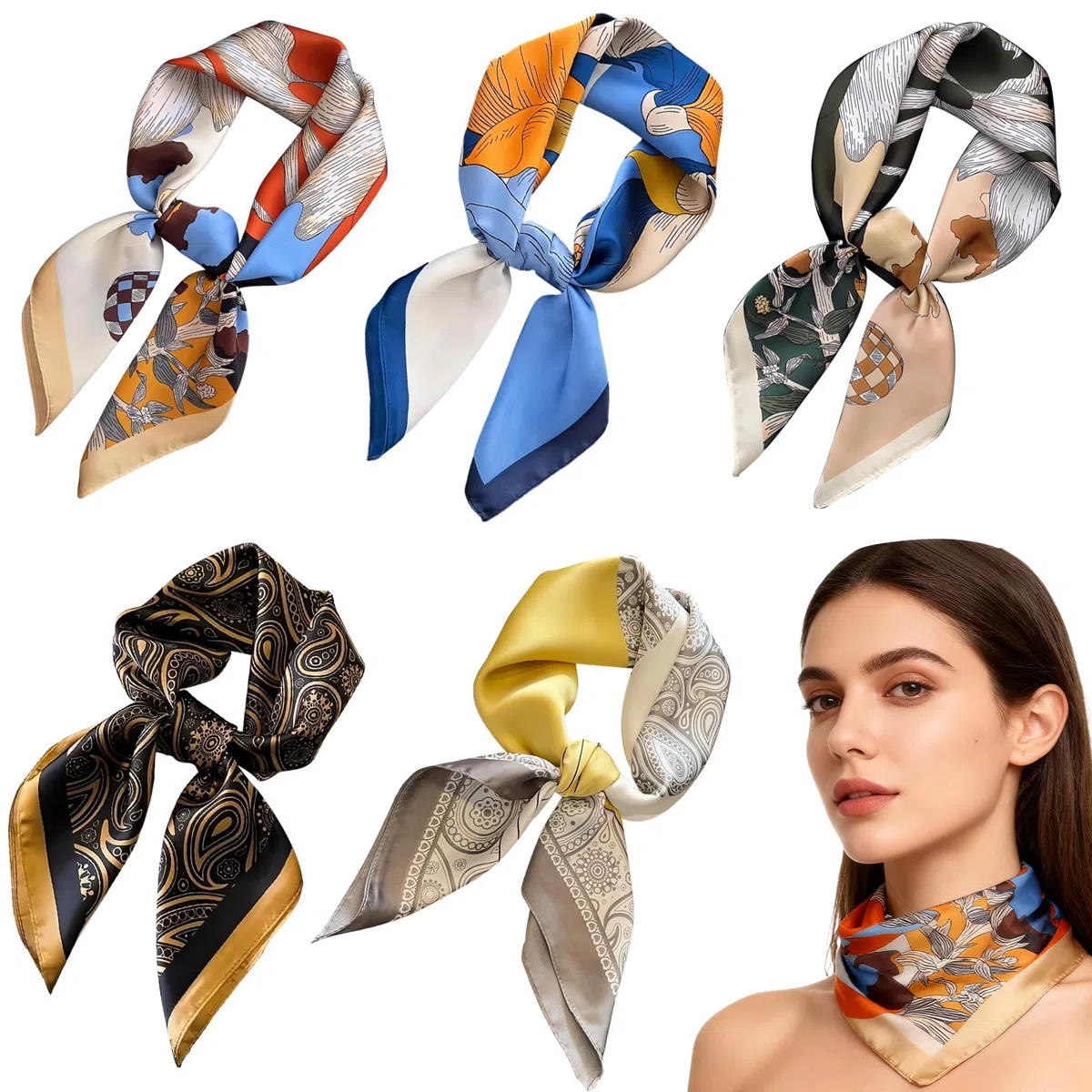 5 Piezas Scarf Cuadrado para Mujers, Pañuelos Cabeza Mujer de Satén Sintético, Bandanas, Colores Vibrantes, 5 Diseños, para Usar Como Tocado, Bufanda, Diadema o Pulsera