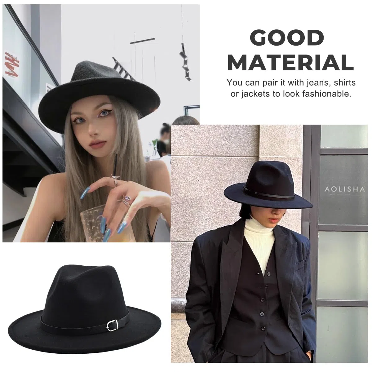 QUUPY Sombrero de mujer retro de ala ancha Floppy Panamá Fedora Casual Elegante Cálido Jazz Gorra de Invierno (Negro)