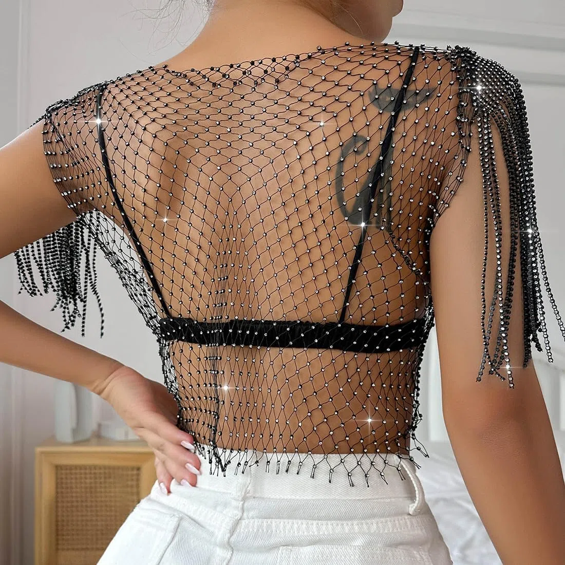 Cadena de cuerpo de malla de cristal hueco con diamantes de imitación negros, joyería corporal brillante, accesorios para el cuerpo para mujeres, niñas, discotecas, festivales