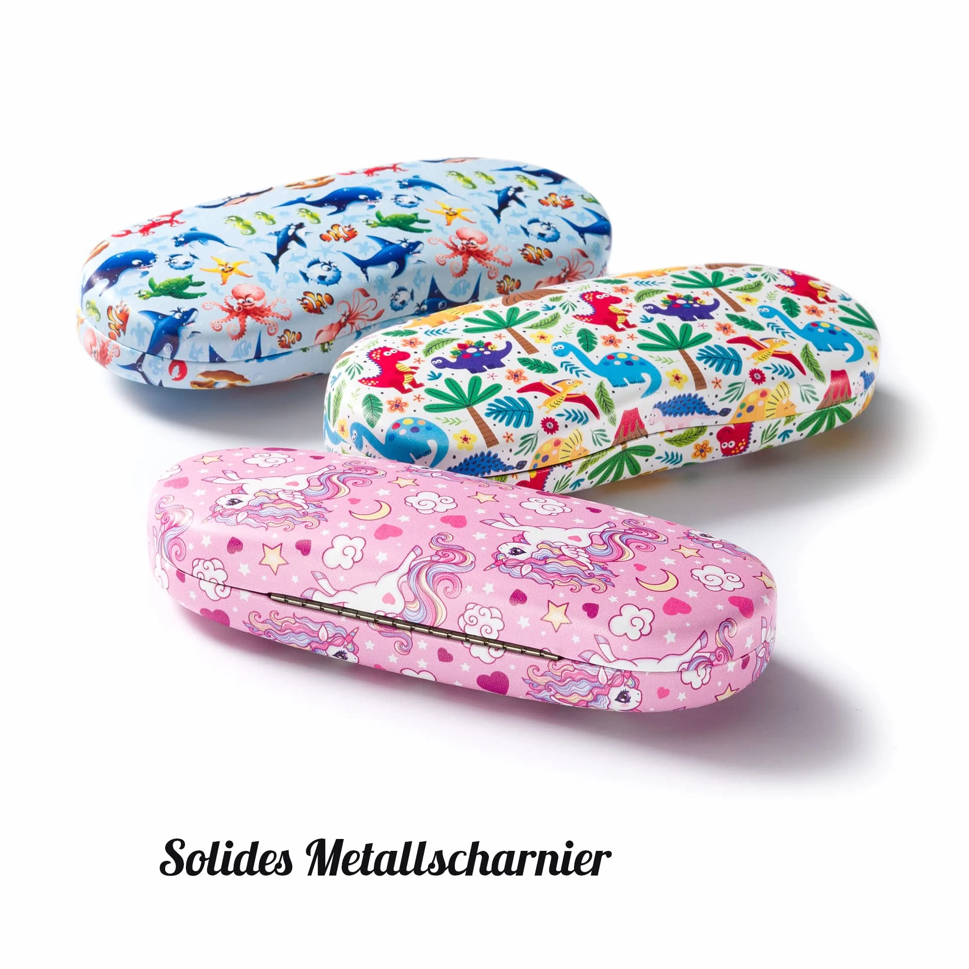 FEFI - Estuche para gafas para niños (carcasa rígida) con motivos divertidos - Incluye paño de limpieza para gafas/paño de microfibra, dino, M