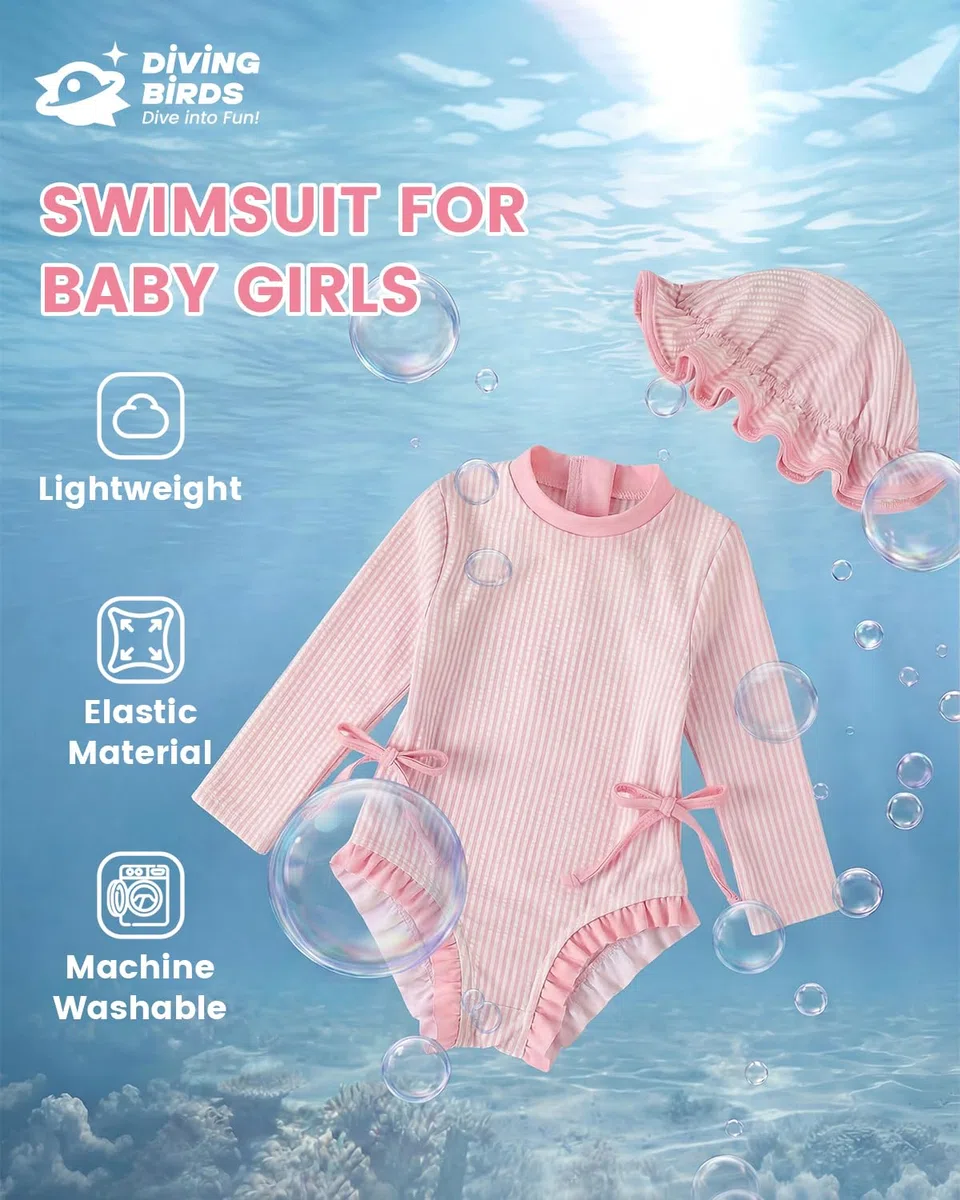 DivingBirds Bañador de manga larga para niña, traje de baño de una pieza con capucha, material elástico, diseño colorido para 3-24 meses
