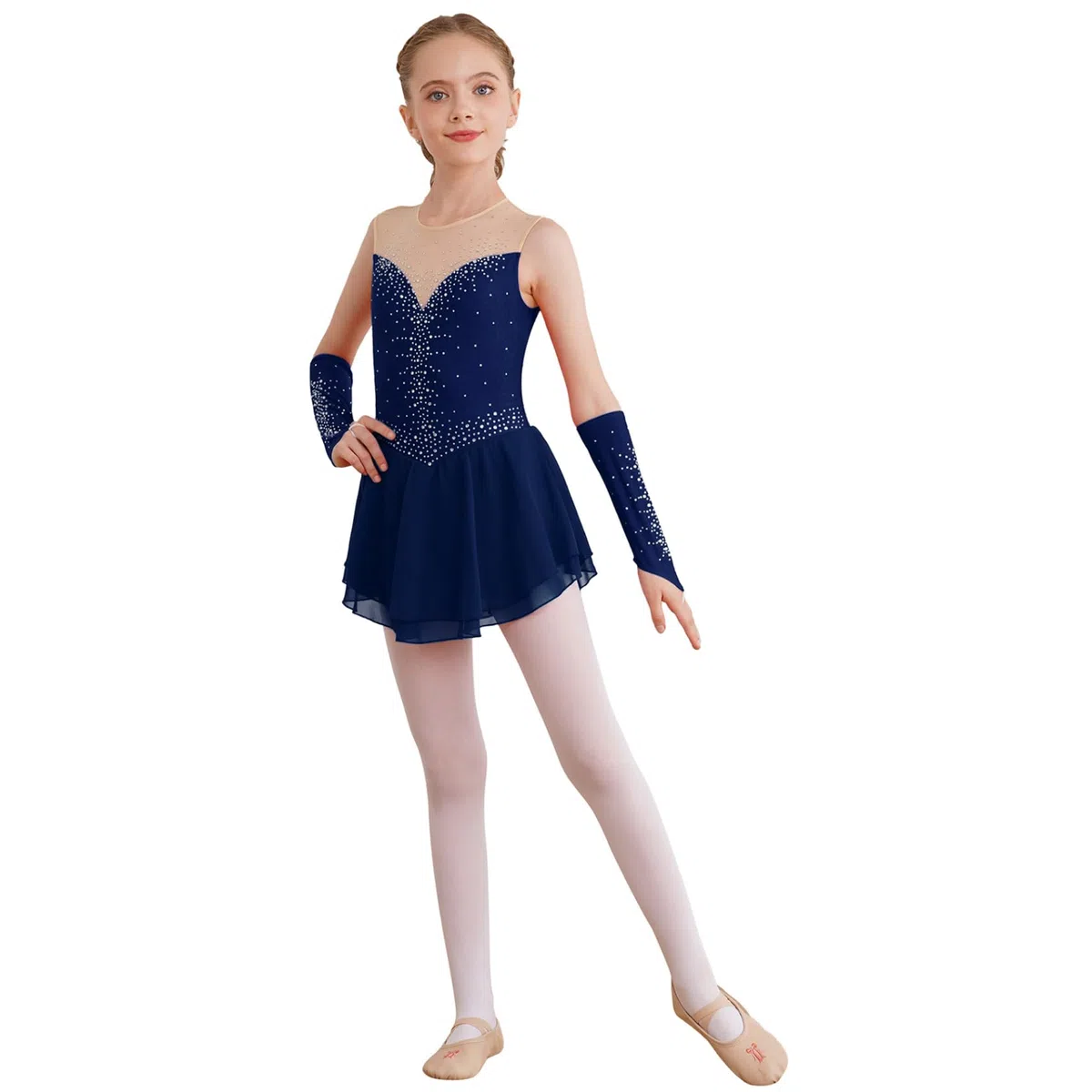 Vestido de patinaje artístico para niña (leotardo, vestido de baile con pedrería, con puños de competición, espectáculo