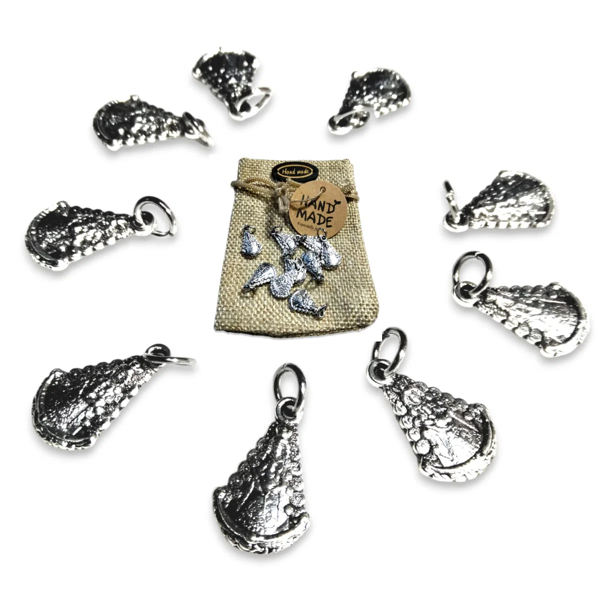 Medalla Virgen del Rocío 10 Colgantes Chapados en Plata de Ley 925/1000 + Bolsa Yute Artesanal Hechas a Mano, Joyería Religiosa, Fabricado en España