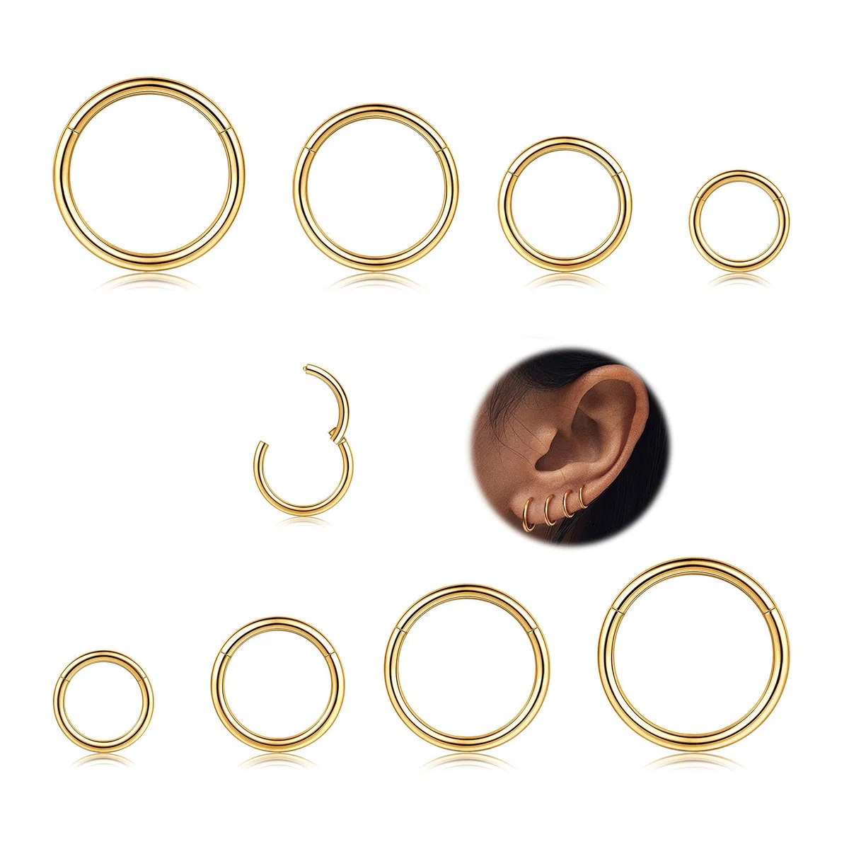 MILACOLATO 8Pcs 16G De Acero Quirúrgico Con Bisagras Clicker Segmento Septum Anillos De La Nariz Hoop Helix Cartílago Daith Ohr Tragus Sleeper Pendientes Body Piercing 6-12MM