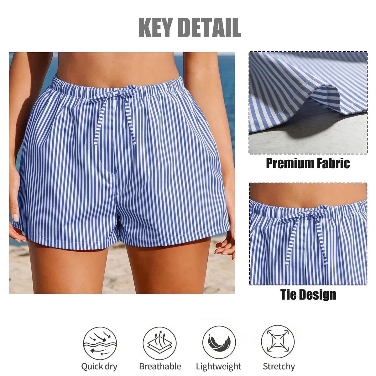 JFAN Pantalones Cortos Mujer Verano Casual Short Mujer a Rayas Cintura Alta Elástica Shorts con Cordón Ajustable y Bolsillos