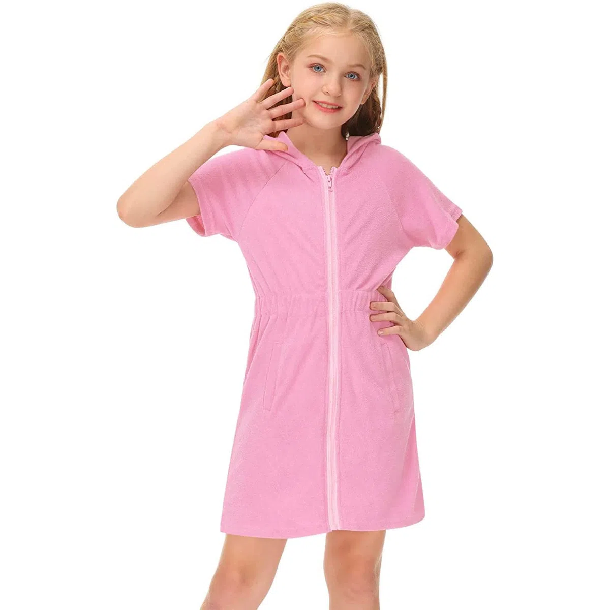 Bata de baño con capucha para niñas, con cremallera, vestido de playa, cintura elástica, color sólido, manga corta, para cubrir trajes de baño, bolsillos, batas envolventes, rosa, 10-11 años