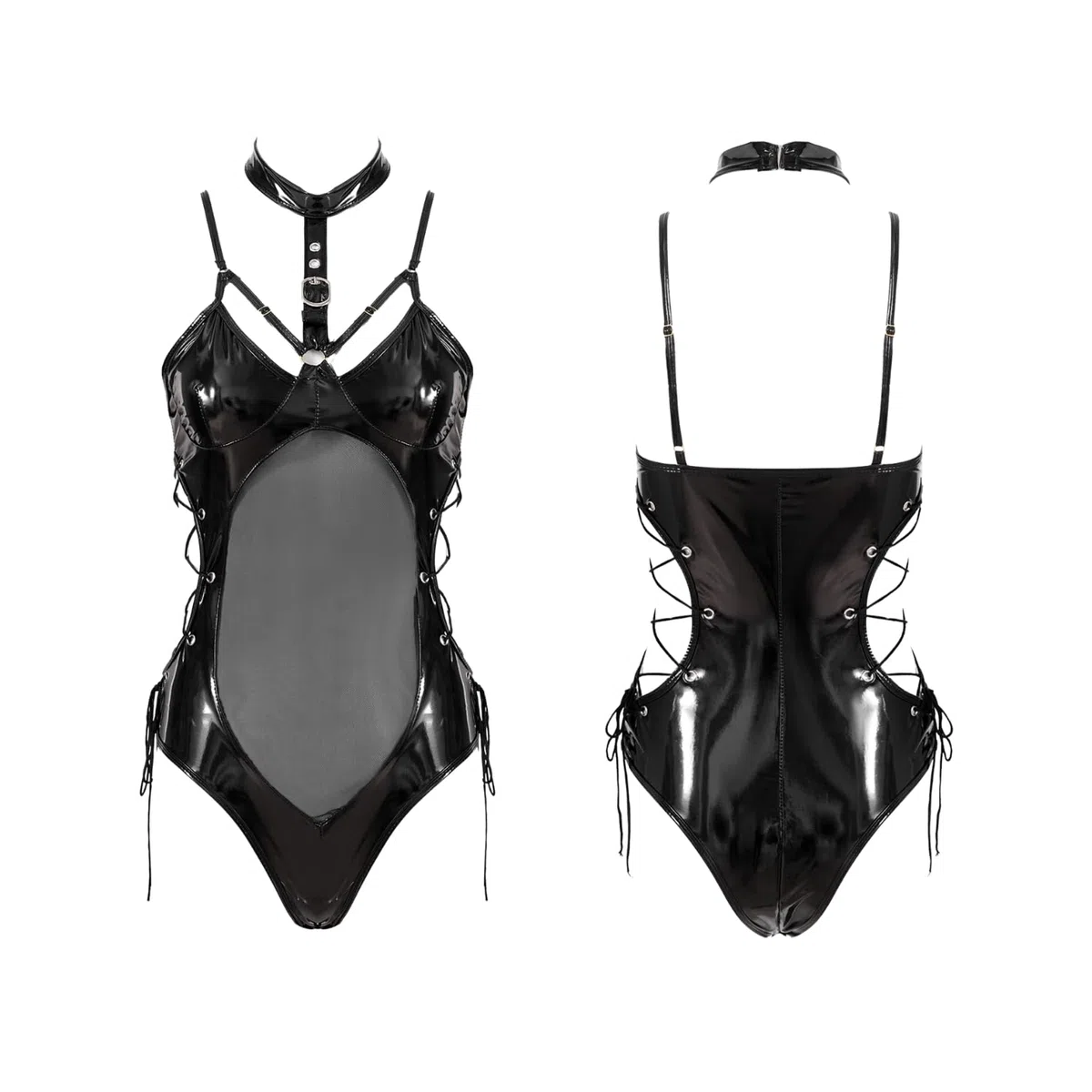 Body para Mujer de Piel Sintética Lencería Sexy Cuero de Sin Mangas Catsuit Brillante Mono Wetlook Traje de Club Rave Fiesta Discoteca Halloween Cosplay Negro