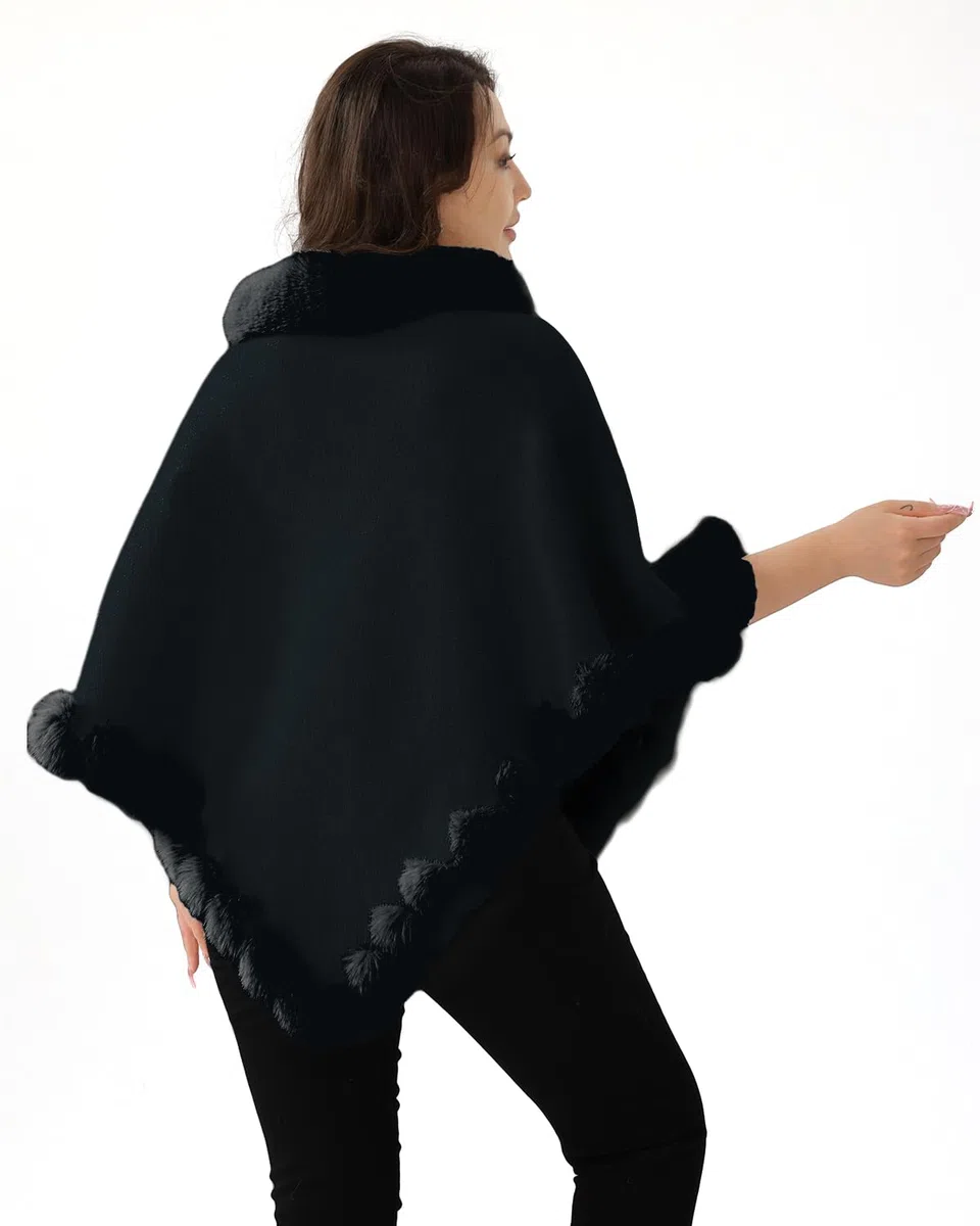 Poncho de Punto para Mujer Capa Invierno Térmica con Piel Sintética Cálido Elegante Chal con Cuello Redondo