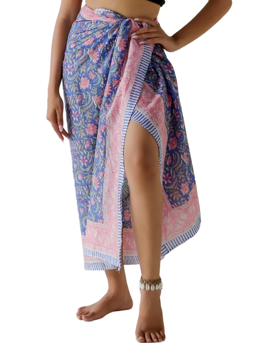 THE ART BOX Pareo 100% algodón para mujer, traje de baño con estampado de bloques de mano indio, falda envolvente, falda envolvente para playa, salida de baño largo (73 x 43 pulgadas)