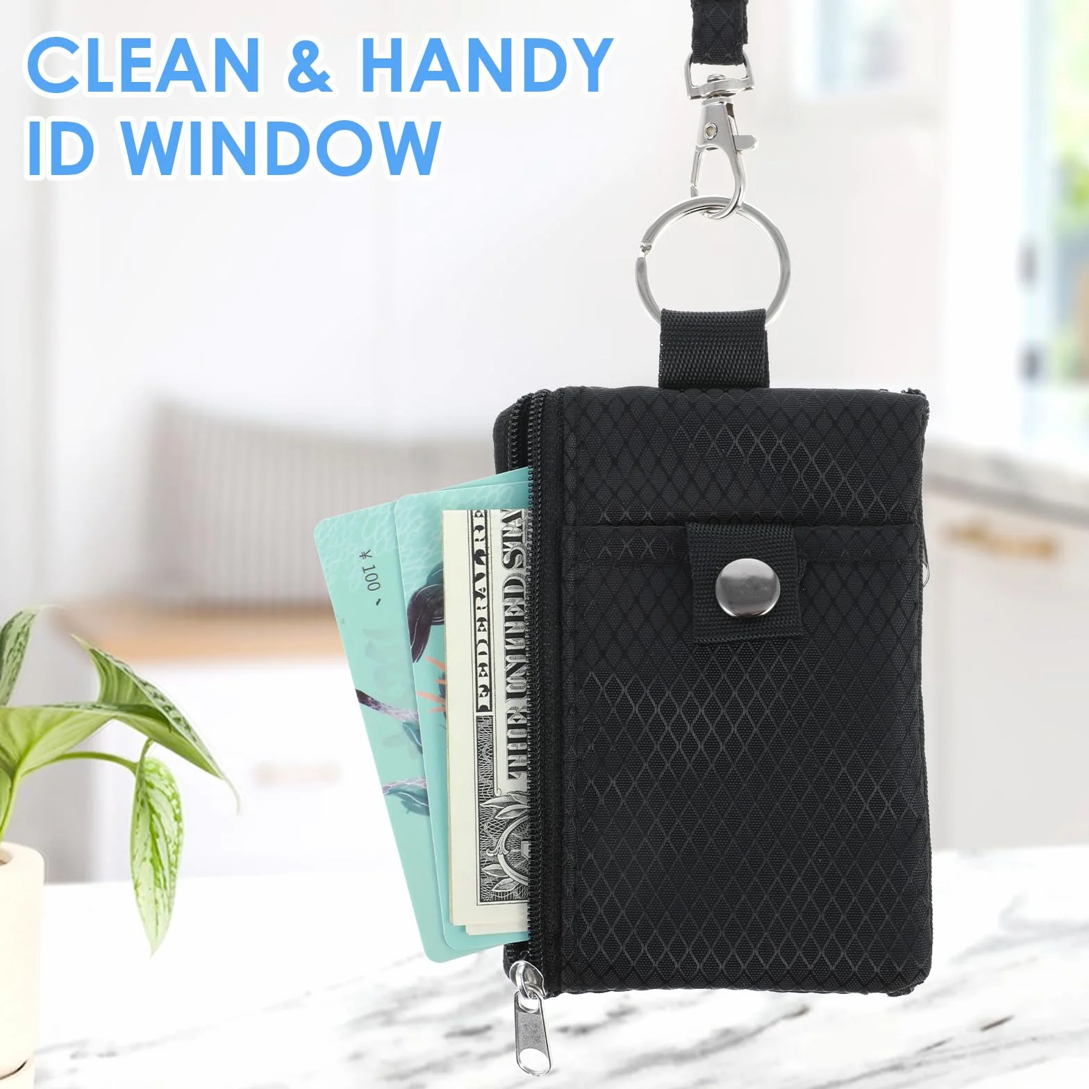 Cartera pequeña anti-RFID resistente al agua con cremallera y titular de la insignia con cordón llavero y ventana para tarjetas de identificación para mujeres, hombres, niños y niñas, para tarjetas