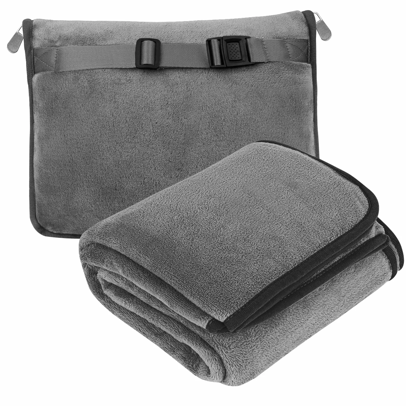 Manta de Viaje 2 en 1 para Avión - Cojín Transformable, Portátil, Ultraligera y Cálida - Con Fijación para Maleta - Ideal para Oficina y Negocios - Gris, 152 x 127 cm