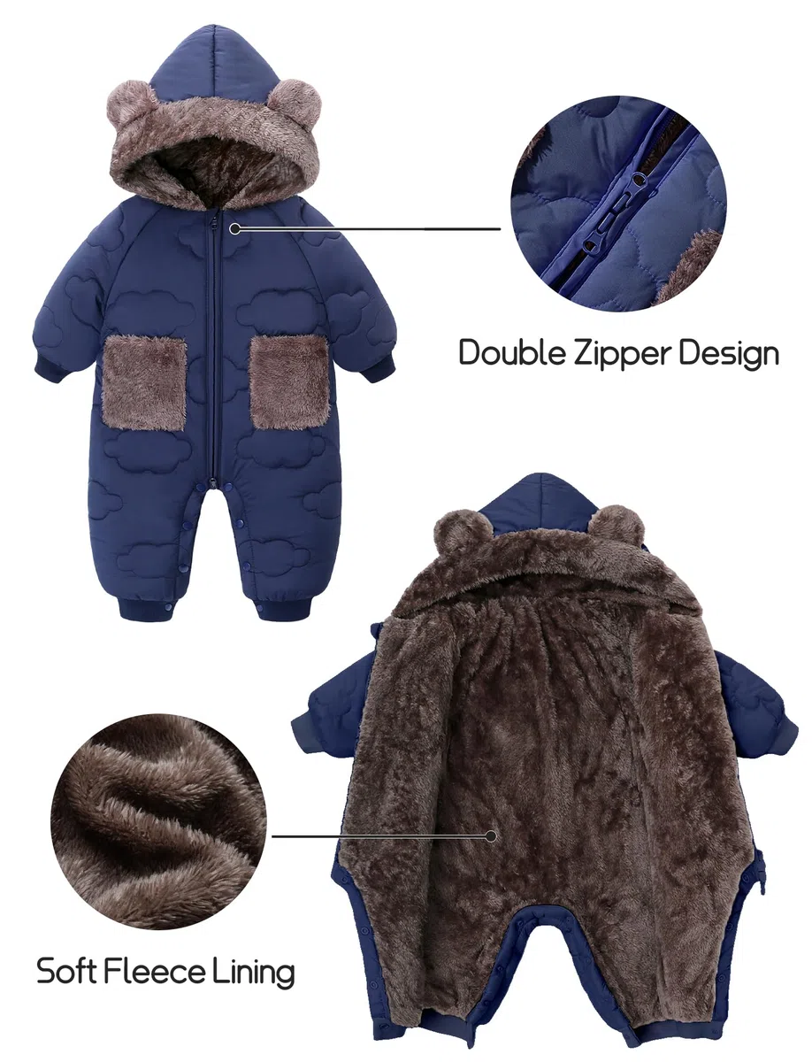 FEOYA Traje de nieve para bebé de forro polar con capucha, traje de esquí para niños, traje de invierno para niña, traje de esquí grueso, traje impermeable cálido de plumón, acolchado para exteriores