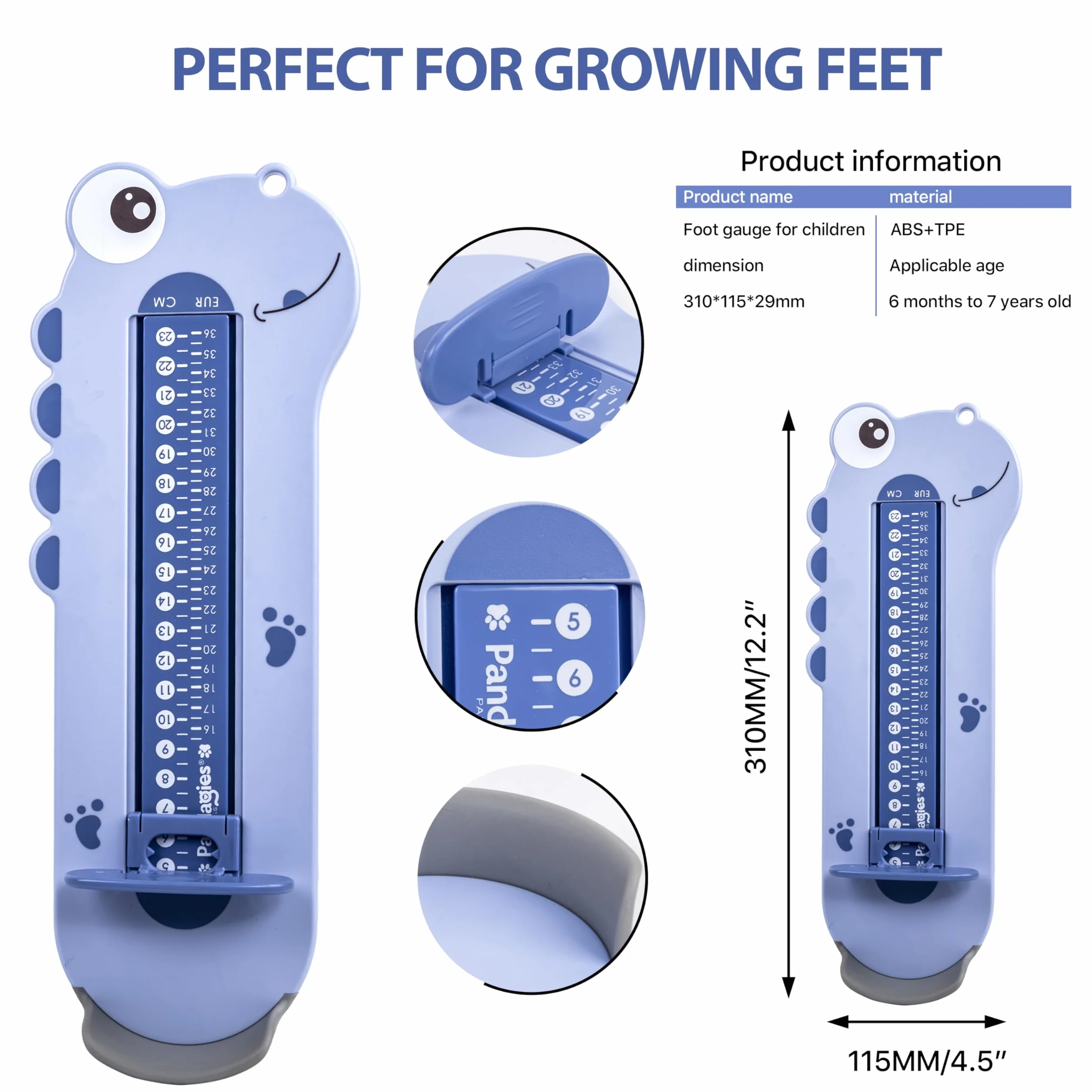 Pedímetro para bebés y niños - Tallas 0 a 35 - Medidor de pies para determinar la talla de bebés y niños Pedímetro para bebés (azul)