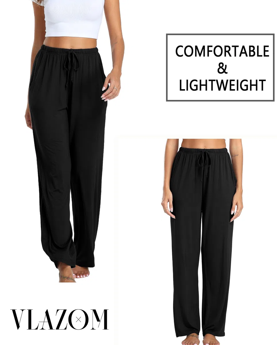 Vlazom Mujer Pantalones de Pijama Largo, Suave Modal Lounge Pantalones de pierna ancha Casual Inicio Pantalones con bolsillos S-XXL