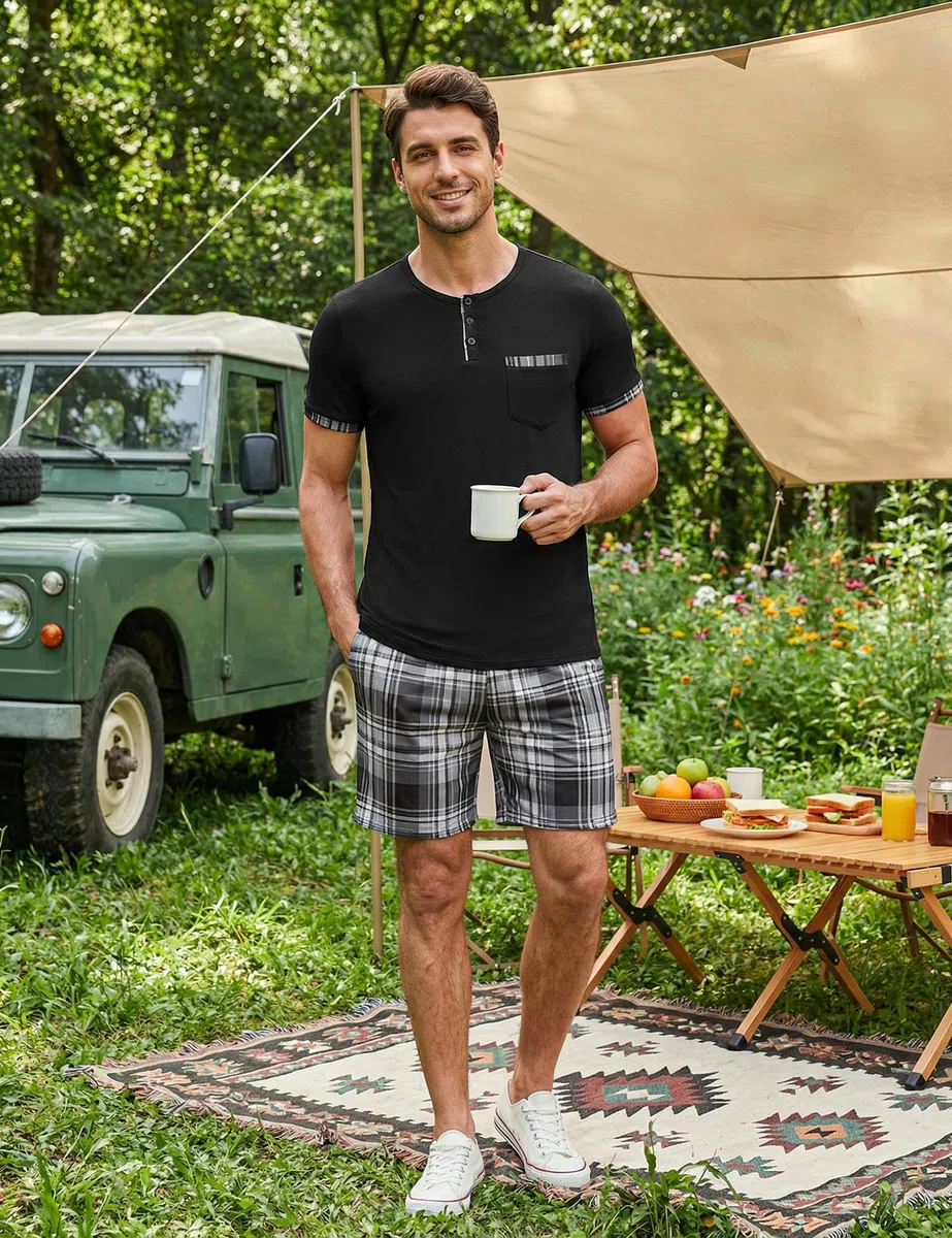Uniexcosm Pijamas Hombre Verano Corto Algodón, Pijamas Cuadros Hombre Pijama Algodón Ropa de Casa Cuello Redondo con Abertura Abotonada Manga Corta con Bolsillos y Pantalón con Bolsillo