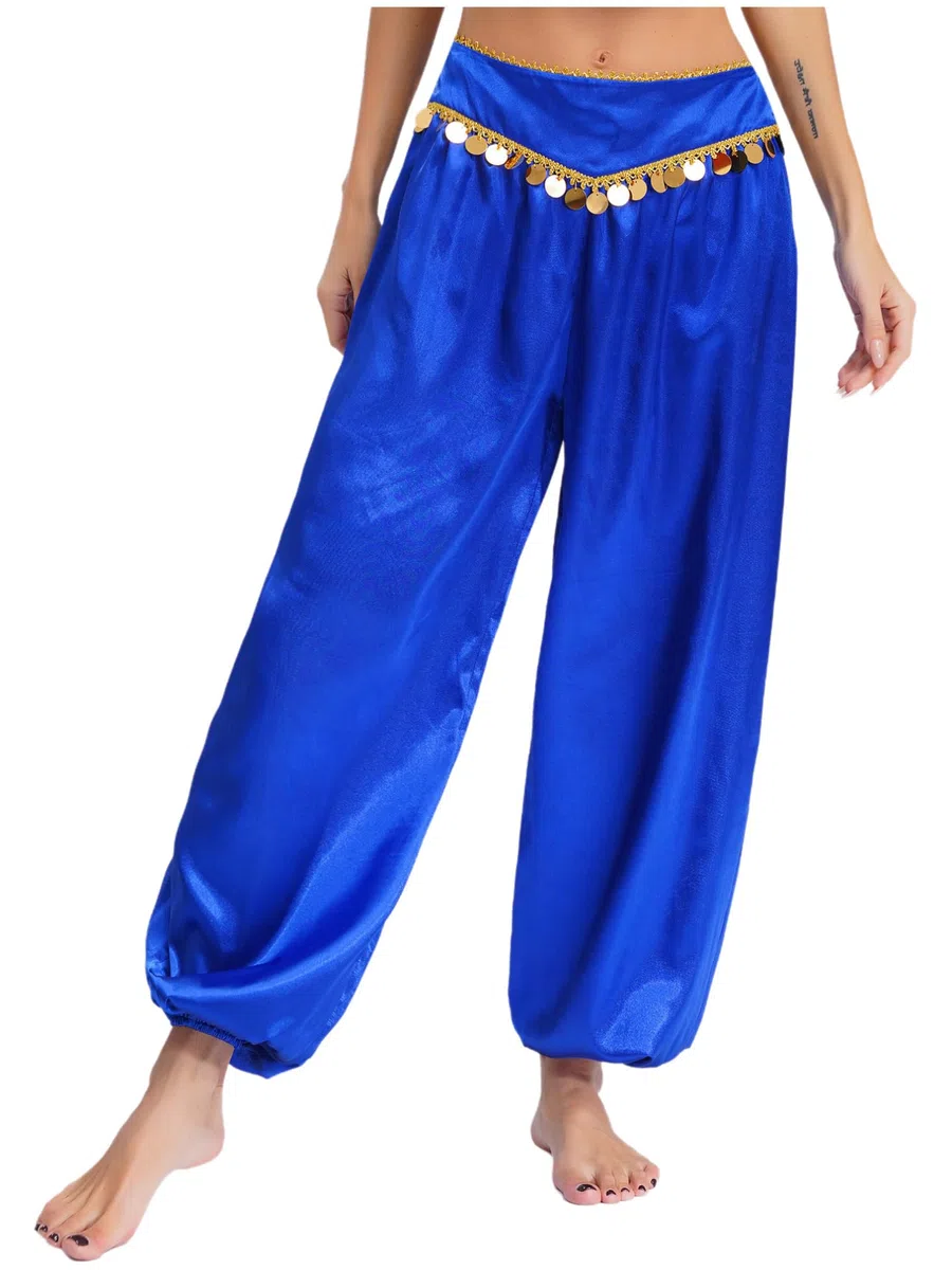 MSemis Pantalones Largos de Bombachos para Danza del Vientre Disfraz Mujer Pantalones Satén Detalles con Monedas Brillantes en Cinturón para Fiesta Actuación S-XXL